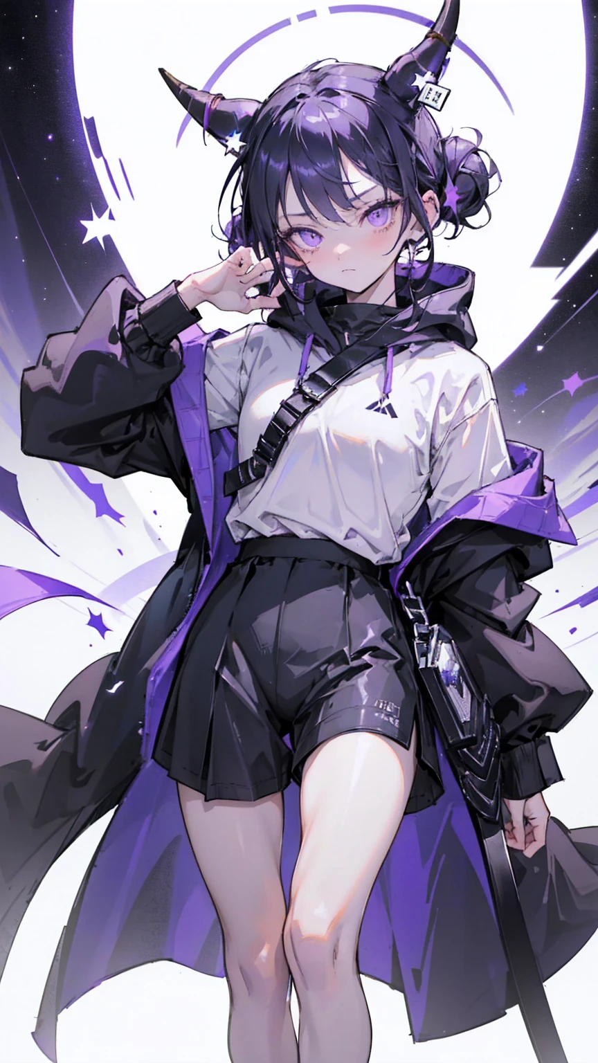 boy. thoughtful look. open forehead. black and purple hair tied in a bun on the left side to one side. winding black horns wrapped in white ribbon. white violet eyes. in short dark purple shorts. long white T-shirt. dark purple knee-high socks. dark purple long cloak inside white with hood. background - moonlight and stars Solar system, Flying pages