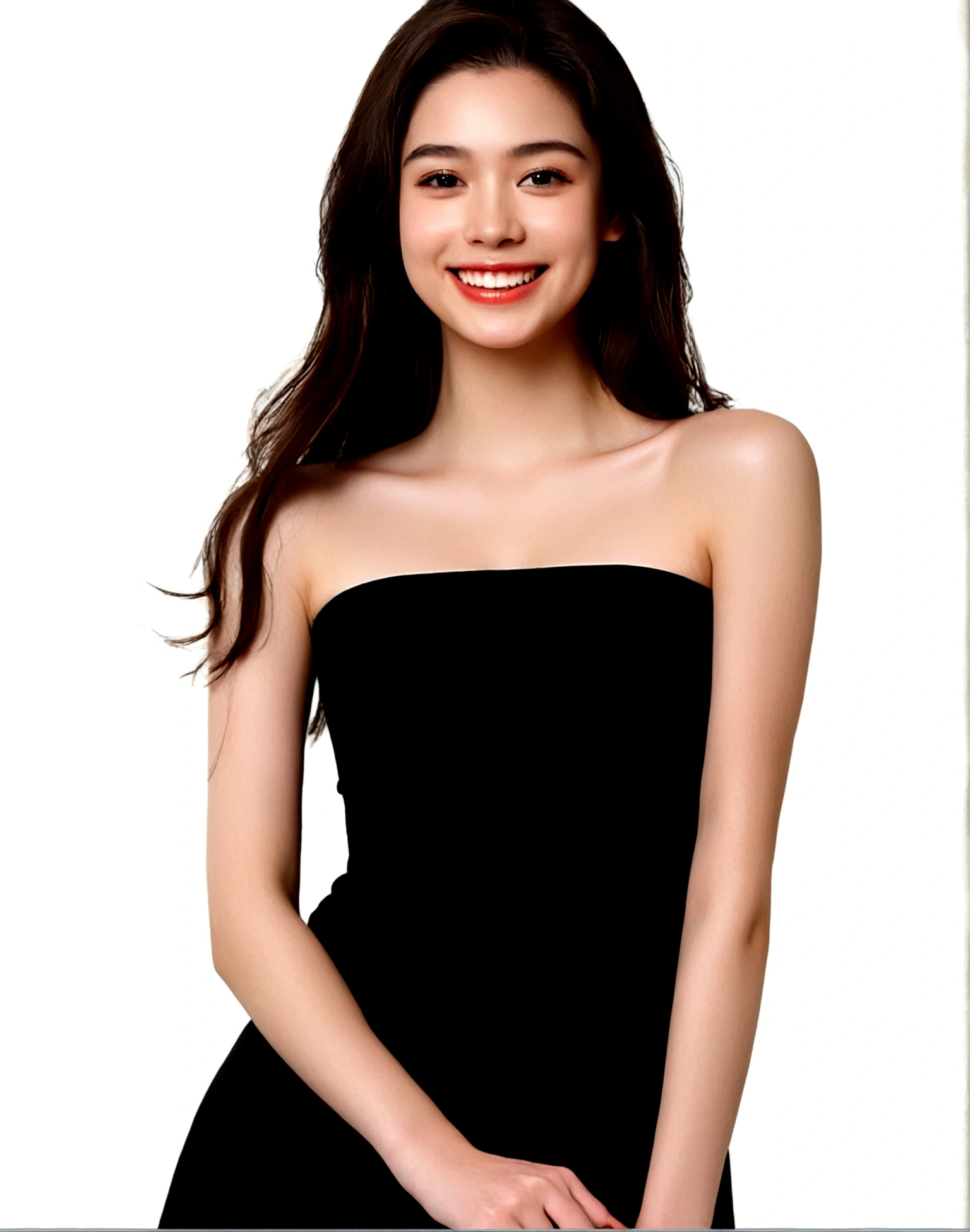 1girl, solo, long hair, smile, simple background, brown hair, black hair, dress, bare shoulders, upper body, teeth, grin, black dress, lips, strapless, strapless dress, realistic