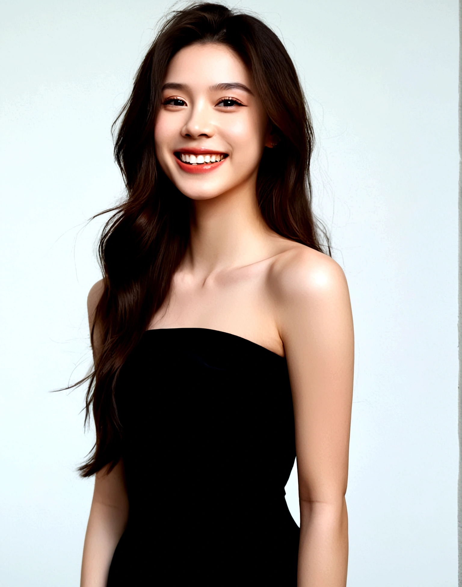 1girl, solo, long hair, smile, simple background, brown hair, black hair, dress, bare shoulders, upper body, teeth, grin, black dress, lips, strapless, strapless dress, realistic