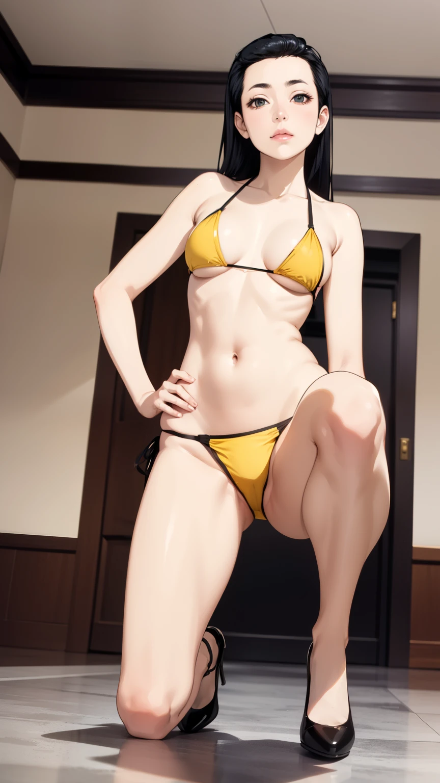 (masterpiece, best quality:1.2),((photoreal:1.1)),perfect anatomy,((solo:1.5)), ((alone:1.5)),((1 middle age woman:1.5)),perfect eyes,Miyo inbami, ((looking at viewer:1.4)),((horizontal angle)),((straight-on)),((view from front:1.4)),shooting from front,lighting from front,((small breasts:1.4)),(sagging breasts:1.1),(muscular:1.1),((do not hide your crotch:1.4)),(cod lips),((squatting:1.3)),((spreading your legs wide:1.3)),((hands on hip bone:1.4)),(holding your head high),delicate and beautiful,((black hair:1.4)),slickback hair,sweptback hair,detailed hair,((bare legs:1.4)),BREAK ((Modena yellow bikini:1.2)),high heel