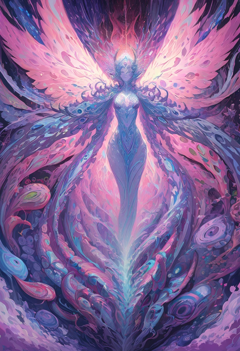 A shimmering entity, simultaneously ethereal and eldritch, the fairylike lovecraftian quantum cruiser glows with otherworldly hues, tentacles morphing into delicate wings as it traverses the void. This surreal being is the main focus of an acrylic painting, capturing the essence of cosmic horror intertwined with fantastical beauty. The intricate details and vibrant colors leap off the canvas, creating an immersive and captivating visual experience. anime