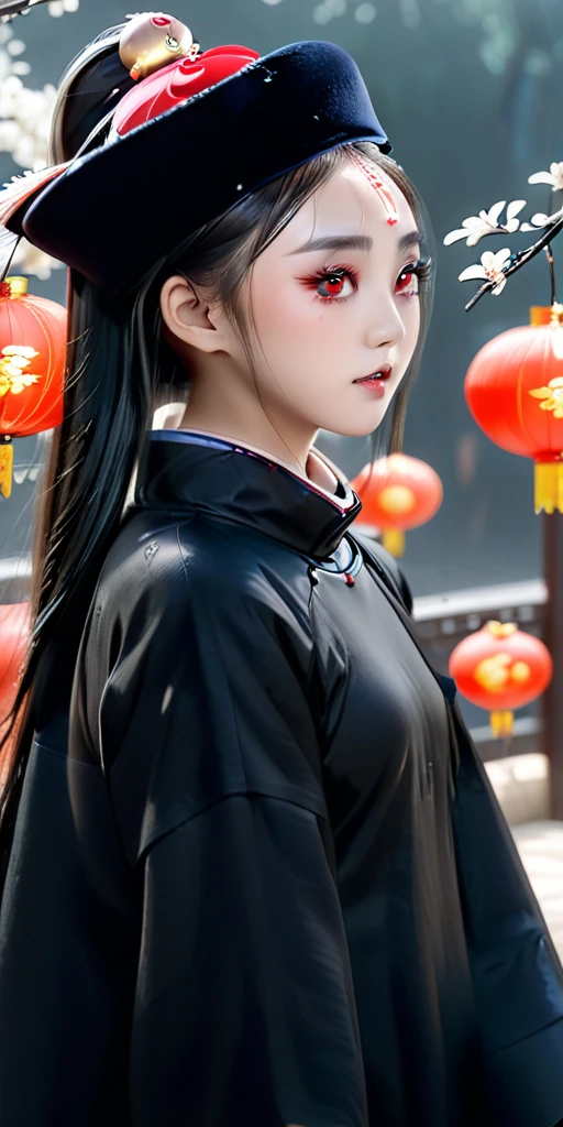 cinematic photo ((masterpiece)),((best quality)),8k,high detailed,ultra-detailed,intricate detail,full body, photography,((huangfu:2),huangfu paper,1girl, A cute girl in black nvjiang costume with huangfu paper in head,(blood-red eyes)),surrounded by swirling leaves and spectral mist,(foggy),. 35mm photograph, film, bokeh, professional, 4k, highly detailed