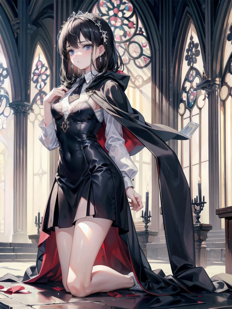absurdres, RAW photo, extremely delicate and beautiful, masterpiece, Best Quality, ultra high resolution, 32k, hyperrealistic, ultra-detailed, delicate facial features, beautiful detailed woman, tearful mole, earring, medium breasts, full body shot, medium hair, black hair, hogwarts teacher, necktie, cloak, 