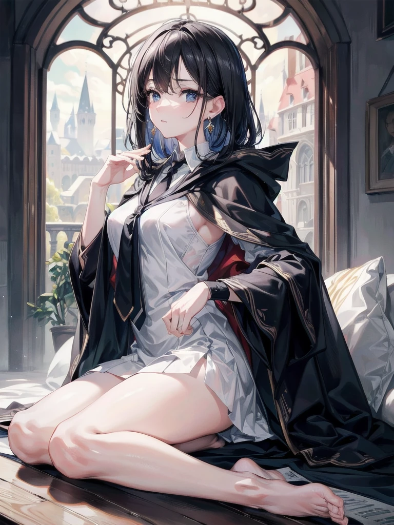 absurdres, RAW photo, extremely delicate and beautiful, masterpiece, Best Quality, ultra high resolution, 32k, hyperrealistic, ultra-detailed, delicate facial features, beautiful detailed woman, tearful mole, earring, medium breasts, full body shot, medium hair, black hair, hogwarts teacher, necktie, cloak,