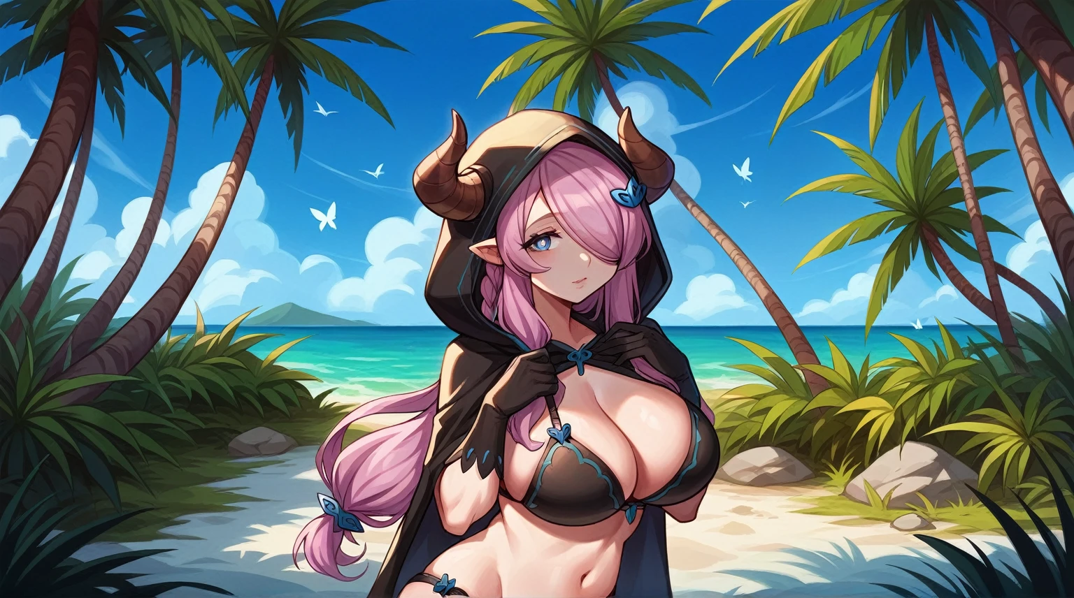 Vibrant, high-definition anime-style illustration set on a tropical beach. The layout features a central female character, Narmaya, with long pink hair, partially covered by a hooded cloak adorned with brown horns. She has fair skin, large expressive blue eyes and pink pupils, and a small blue butterfly hair clip. One eye is covered by her hair. The character is wearing a revealing black bikini with gold accents, and her hands are holding the edges of her cloak. The background showcases a pristine beach with white sand, lush green foliage, and tall palm trees. The clear blue sky and turquoise ocean complete the idyllic setting, with distant islands visible on the horizon. Narmaya and her attire are meticulously detailed. The intense effort put into shading brings this image to a realistic style. Gorgeous vibrant colors draw the eye. Narmaya's suggestive stance brings the viewers focus to her large and perfectly shaped breasts.
(masterpiece), best quality, expressive eyes, perfect face, suggestive pose, purple and pink background, seductive, fantasy, 8k, absurdres, narmaya, pink hair, blue eye with pink pupil, hair over eye, draph, horns, butterfly hair clip, black bikini, hood, defined hands, perfect hands, perfect fingers,