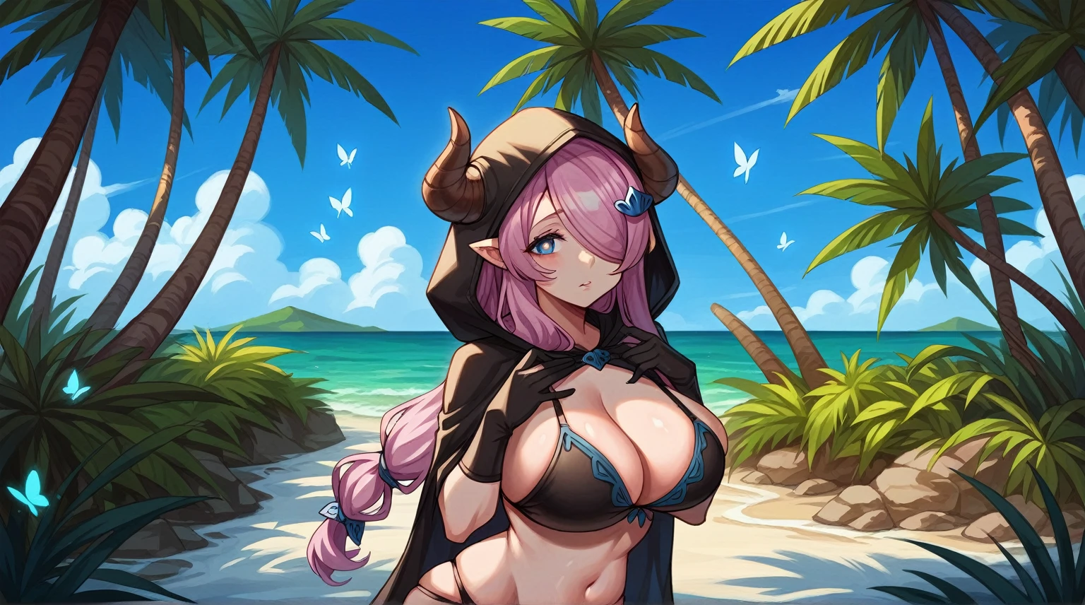 Vibrant, high-definition anime-style illustration set on a tropical beach. The layout features a central female character, Narmaya, with long pink hair, partially covered by a hooded cloak adorned with brown horns. She has fair skin, large expressive blue eyes and pink pupils, and a small blue butterfly hair clip. One eye is covered by her hair. The character is wearing a revealing black bikini with gold accents, and her hands are holding the edges of her cloak. The background showcases a pristine beach with white sand, lush green foliage, and tall palm trees. The clear blue sky and turquoise ocean complete the idyllic setting, with distant islands visible on the horizon. Narmaya and her attire are meticulously detailed. The intense effort put into shading brings this image to a realistic style. Gorgeous vibrant colors draw the eye. Narmaya's suggestive stance brings the viewers focus to her large and perfectly shaped breasts.

(masterpiece), best quality, expressive eyes, perfect face, suggestive pose, purple and pink background, seductive, fantasy, 8k, absurdres, narmaya, pink hair, blue eye with pink pupil, hair over eye, draph, horns, butterfly hair clip, black bikini, hood, defined hands, perfect hands, perfect fingers,