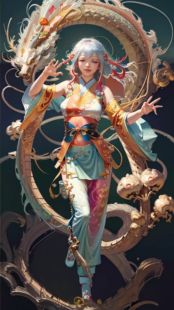 Official Art, Unified 8K Wallpapers, Ultra Detailed, Beautiful and Aesthetic, Masterpiece, Best Quality, (Zentangle, Tangle, Entangle), (fractal art: 1.4), 1girl, black hair, Chinese, bare shoulders, short skirt, calf, navel, very detailed, dynamic angle, cowboyshot, (most beautiful form chaos), flowing, (bright colors), oc, (half: 1.2), china, (thangka flying sky: 1.5), (ribbon: 1.3), (dream: 1.5), (hanfu: 1.5), Chinese dragon, Chinese phoenix, (smile: 0.5), (Chinese deity),
