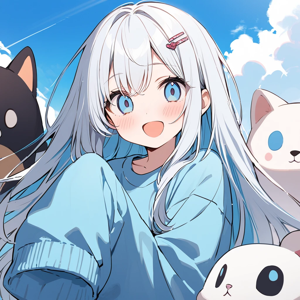 long hair, White hair, sky blue inner hair, open mouth, smile, flustered, Illustration where the pupil does not overlap the lower lash line, The lower half of the eye is white, vacant eyes, sky blue eyes, oversized clothes, sleeves past wrists, , sky blue cardigan, sky blue ribbon, piercing, stuffed animal, White background, 1girl, solo, hairpin,Take a picture herself