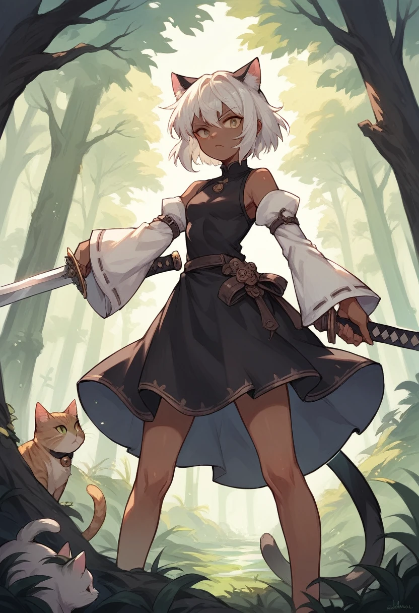 brown skin girl,Cat's ears,white hair,wearing a black dress with white sleeves,in a purple forest,wielding a sword
