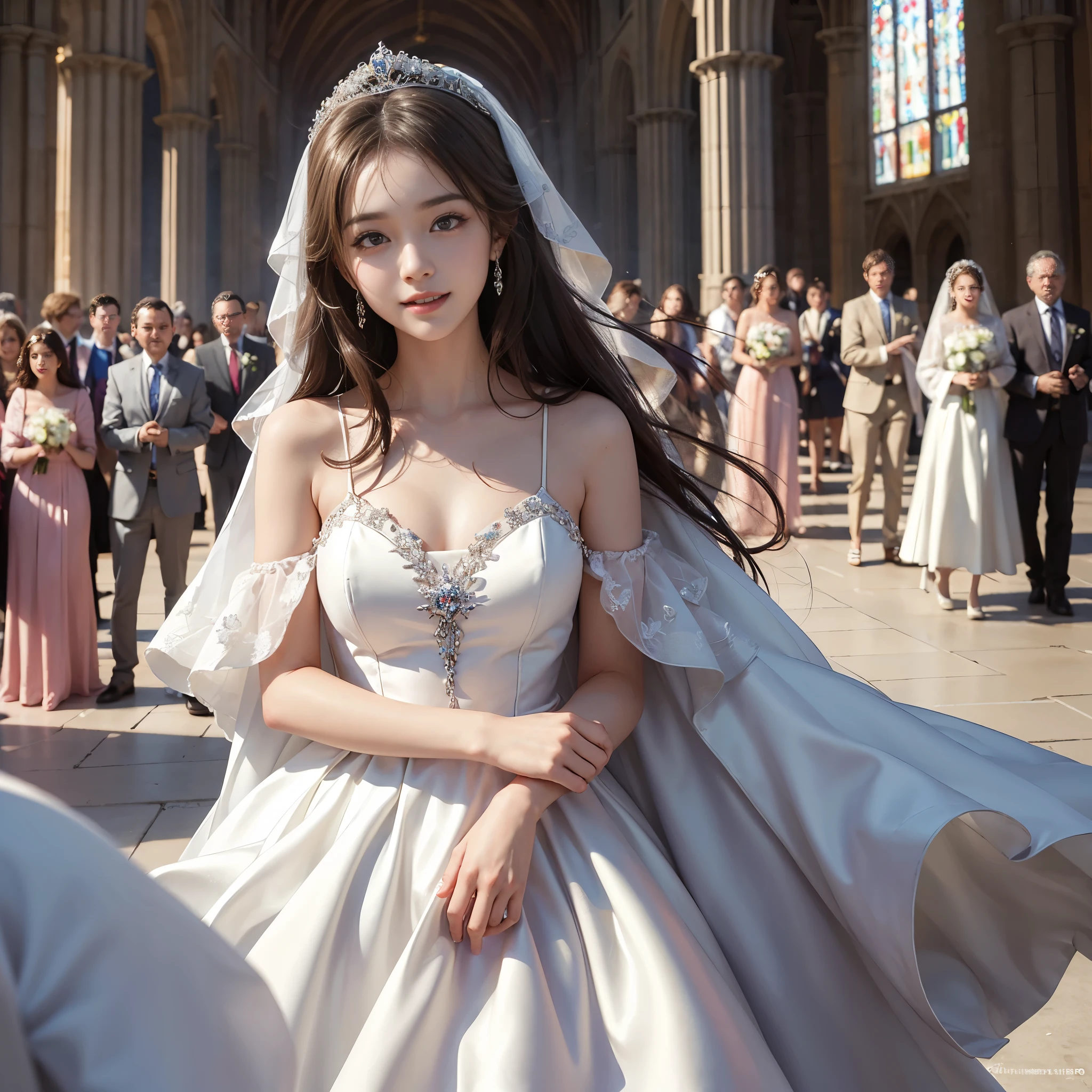 best quality, masterpiece, 1 girl, long hair, huge laugh, cute , shiny lips, sweet, sun glare, Conservative attire, wedding dress, bridal tiara, depth of field, blurred background, Cathedral Background, light particles, strong wind, head tilt