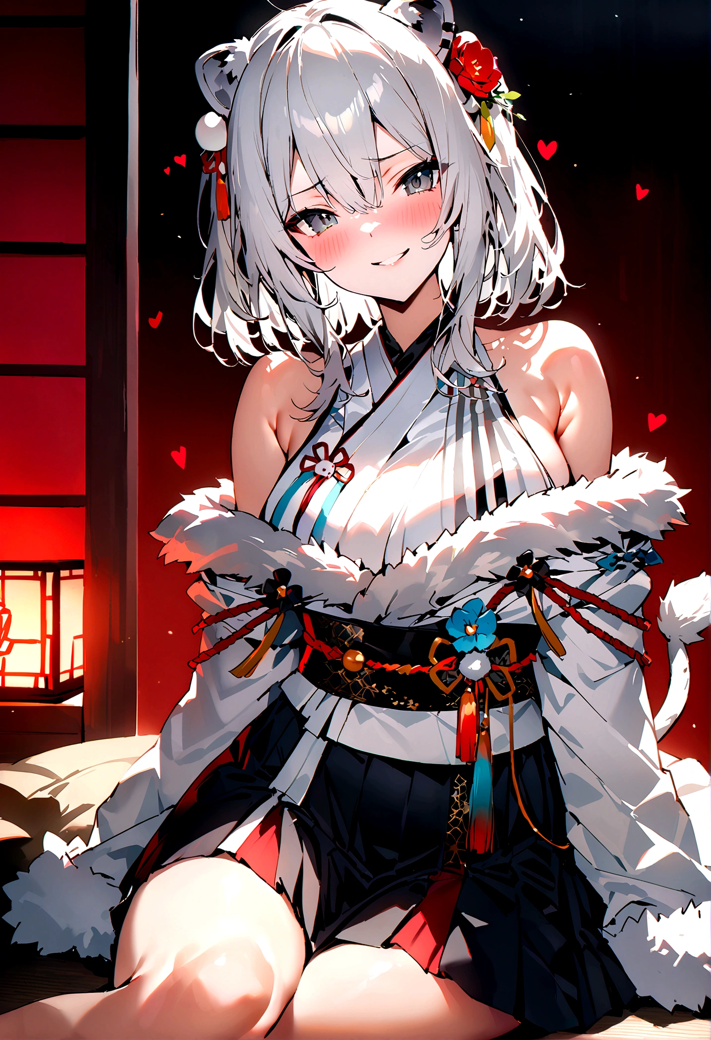 NSFW,masterpiece,Highest quality,High resolution,Super detailed,Shishirabotan\(Hololive\),Double Odango、flower、Side Lock、Lion's tail、White kimono、Off the shoulder、fur ornament、Black Hakama、Short skirt,Bad smile,blush,(Red light district),Japanese-style room,Sexy pose,(Seduce),Sitting,heart