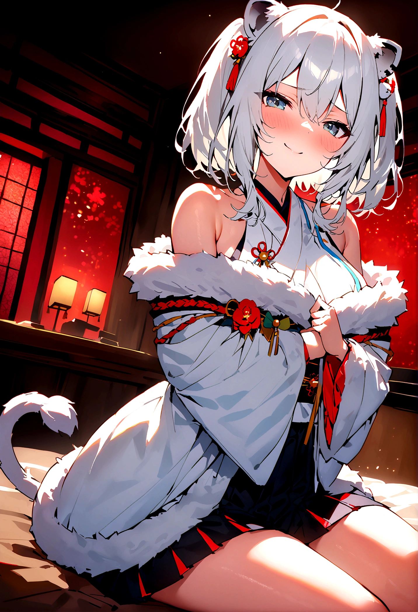 NSFW,masterpiece,Highest quality,High resolution,Super detailed,Shishirabotan\(Hololive\),Double Odango、flower、Side Lock、Lion's tail、White kimono、Off the shoulder、fur ornament、Black Hakama、Short skirt,blush,(In heat),(I feel),(Ahegao),Prostitute,(Red light district),Japanese-style room,Sexy pose,(Seduce),heart,High quality open crotch panties,(Squirting),(Middle-aged men),(Having sex),Insert the penis,Creampie,Bukkake