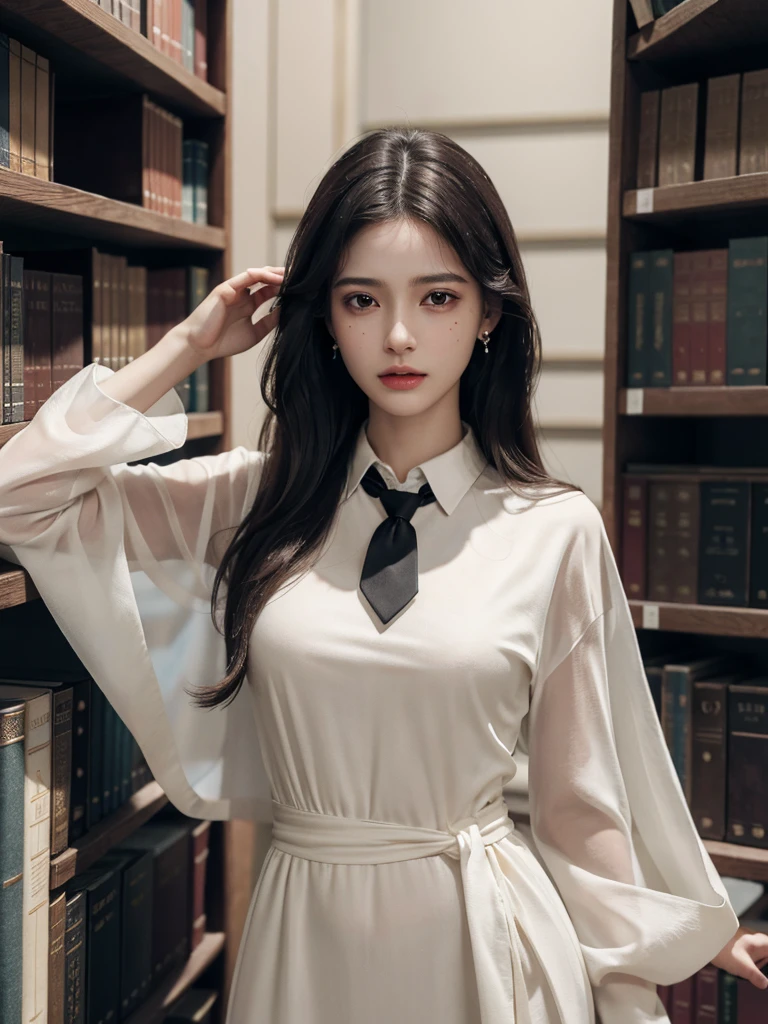 absurdres, RAW photo, extremely delicate and beautiful, masterpiece, Best Quality, ultra high resolution, 32k, hyperrealistic, ultra-detailed, delicate facial features, beautiful detailed woman, tearful mole, earring, medium breasts, ((full body shot)), medium hair, black hair, hogwarts teacher, curious, necktie, cloak, background in library,