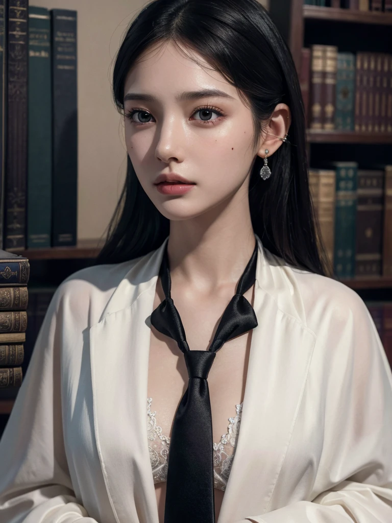 absurdres, RAW photo, extremely delicate and beautiful, masterpiece, Best Quality, ultra high resolution, 32k, hyperrealistic, ultra-detailed, delicate facial features, beautiful detailed woman, tearful mole, earring, medium breasts, (full body shot), medium hair, black hair, hogwarts teacher, curious, necktie, cloak, background in library,
