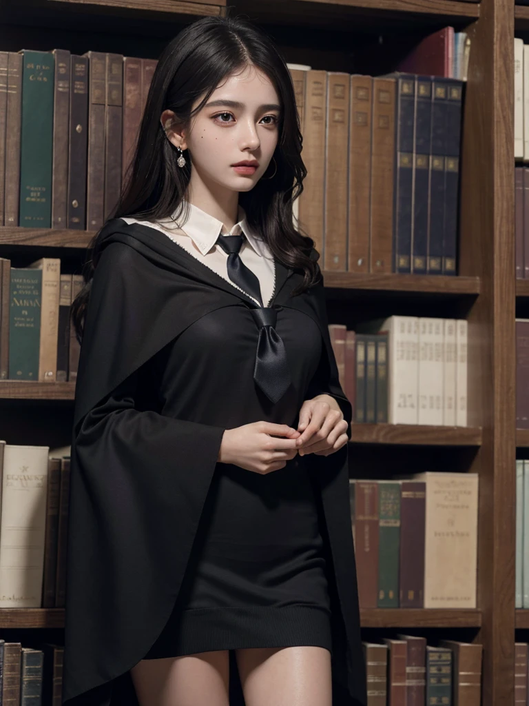 absurdres, RAW photo, extremely delicate and beautiful, masterpiece, Best Quality, ultra high resolution, 32k, hyperrealistic, ultra-detailed, delicate facial features, beautiful detailed woman, tearful mole, earring, medium breasts, (full body shot), medium hair, black hair, hogwarts teacher, curious, necktie, cloak, background in library,
