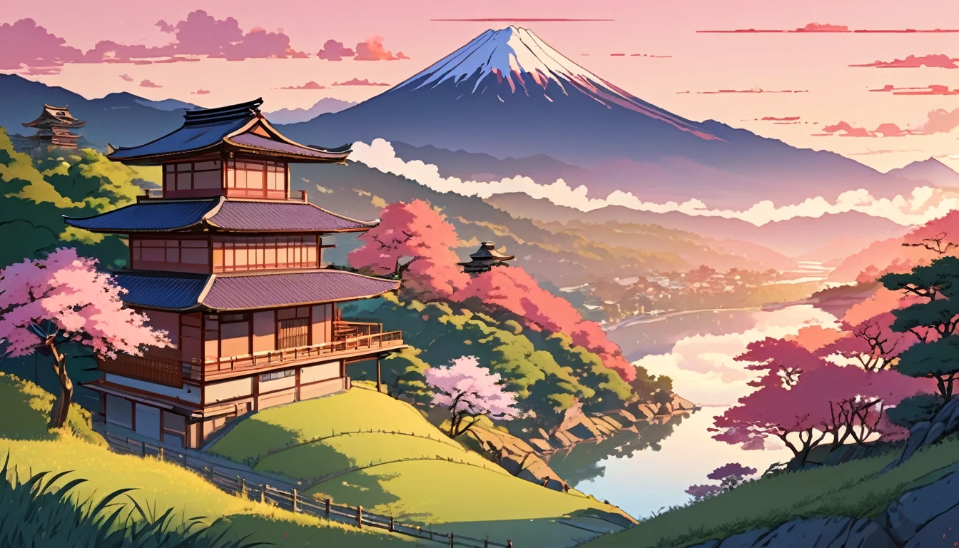 Line art, Aesthetic art, evening, sunset, cloud, Japanese Landscape, In the valley, Big Mountain々Surrounded by, house by the river, Green tree々, Bushes, sunset light pink colour,Japanese women,kimono