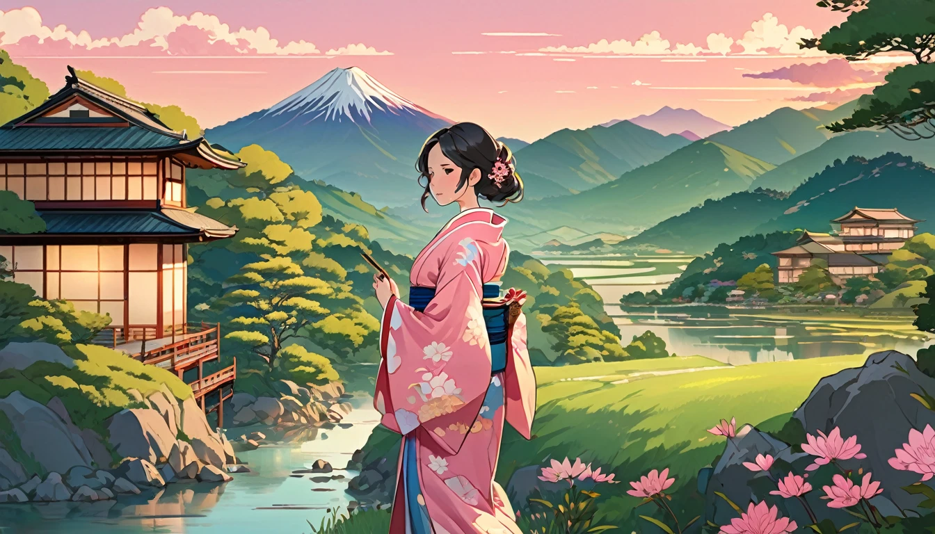 Line art, Aesthetic art, evening, sunset, cloud, Japanese Landscape, In the valley, Big Mountain々Surrounded by, house by the river, Green tree々, Bushes, sunset light pink colour,Japanese women,kimono
