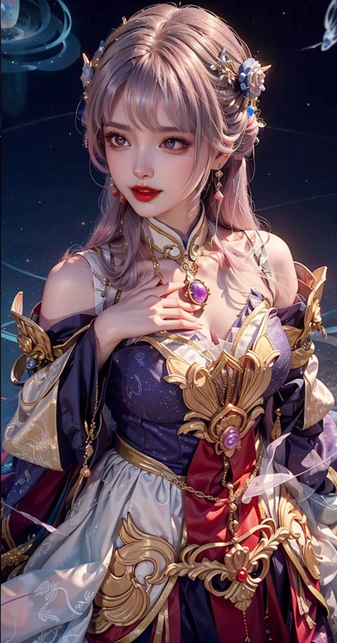 Close-up of a woman in costume on stage, Whole body xylose, Beautiful celestial mage, a stunning young ethereal figure, beautiful fantasy empress, astral witch clothes, shaxi, flowing magical robe, Hanfu Blanco, xianxia fantasy, belle delphine, Ethereal fantasy, elegant glamourous cosplay, heise jinyao,((Top-down view)),((Lie flat)),Lie flat on the ground,Lips wear thick red lipstick