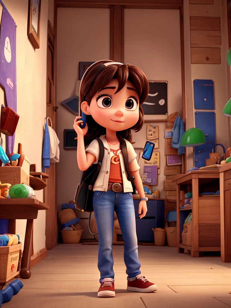 Create a 3D pixar cartoon of girl talking with with phone