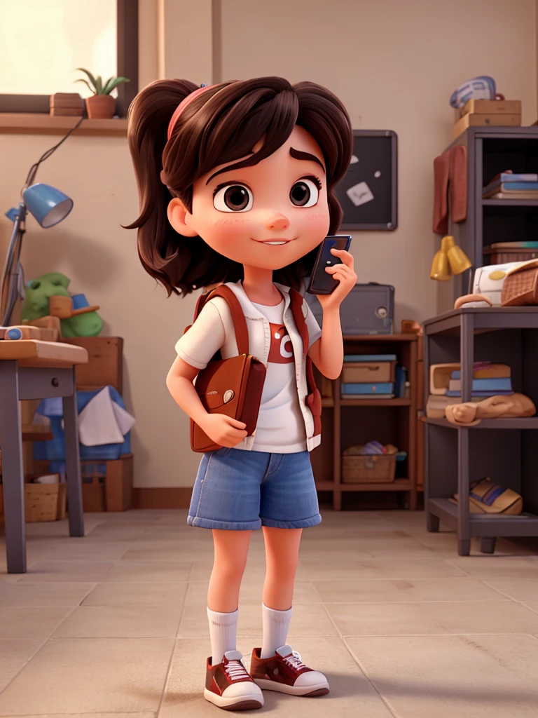 Create a 3D pixar cartoon of 15 year old girl talking with with phone 