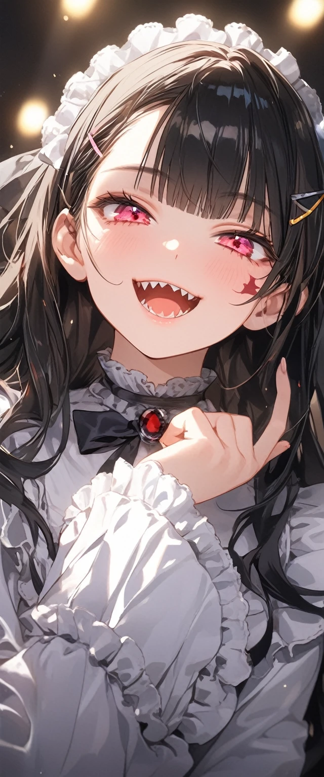 woman\((Blood:1.2),,青whiteい肌,(Wicked Smile:1.3),Open your mouth,Sharp teeth,hair\(black,ponytail,detailed,Shiny\),hairclip\(black\),Clothes\(,black,white,Lolita Fashion\),skirt\(black,short\),Tea belt,Corner of the eye\(light blue\),(Narrow eyes\(gray\):0.8),very cute pose,chest\), break ,background\(Simple,cute,Fancy,dark,light blueheart marks\), break ,quality\(8K,wallpaper of extremely detailed CG unit, masterpiece,High resolution,top-quality,top-quality real texture skin,Surreal,Increase the resolution,RAW Photos,最高quality,highly detailed,wallpaper,Cinema Lighting,Ray-tracing,Golden Ratio\),(Dynamic Angle),(Face close-up:1.8),[Browsing Caution:2.0],Looking down at the viewer,Blurry,Menhera,Better Hands