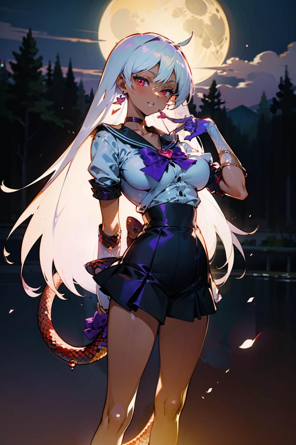 (Masterpiece), Best Quality, ultra-detailed, 1girl (SMMars, Slender and sexy body, lovely breasts, dark skin, naked body, snake skin, white hair,very long hair, red eyes(snake eyes), half-closed eyes), evil face, smirk, parted lips, solo, facing viewer, looking at viewer, purple pleats skirt,heart, heart brooch,jewelry,purple bow, purple choker, purple gemstone, purple sailor collar, shirt, short sleeves, ultra mini skirt, elbow gloves, full moon, outdoor, fog, standing, Sexy waist teasing, a provocative pose