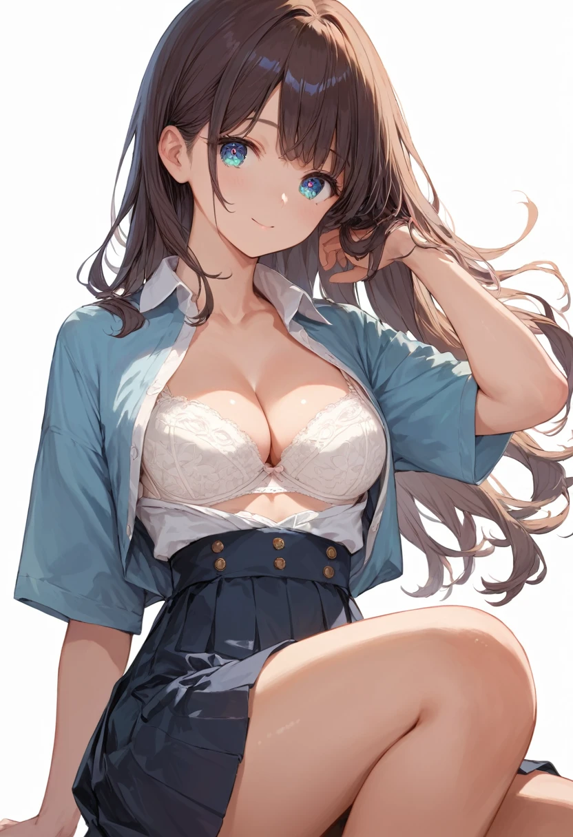 Highest quality, masterpiece, High resolution, 一人in, {sarinoga_Fleet Collection:1.15}, brown_hair, length_hair, ponytail, ~ side_ponytail, hair_between_eye, green_eye, chests, ~ sidelocks, big_chests, smile, pocket, chest_pocket, chimney, One girl, blush, good, chestの谷between, clavicle, Looking_in_Audience, underwear, white_good, Closed_mouth, panties, underwear_only, white_panties, chimney_hair_ornament, upper_body