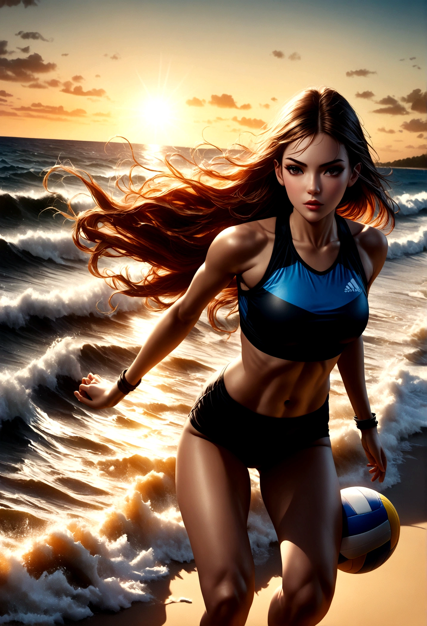 a beautiful girl playing beach volleyball on a tropical sandy beach, sun-kissed skin, athletic body, flowing hair, intense focus, dynamic motion, ocean waves crashing in the background, warm golden sunset lighting, vibrant blues and oranges, photorealistic, 8k, detailed, cinematic