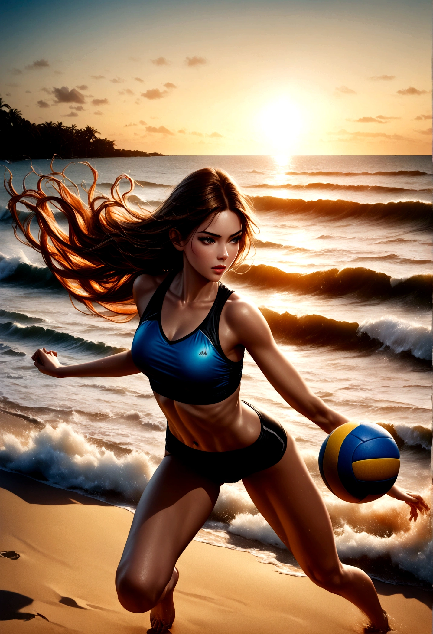 a beautiful girl playing beach volleyball on a tropical sandy beach, sun-kissed skin, athletic body, flowing hair, intense focus, dynamic motion, ocean waves crashing in the background, warm golden sunset lighting, vibrant blues and oranges, photorealistic, 8k, detailed, cinematic