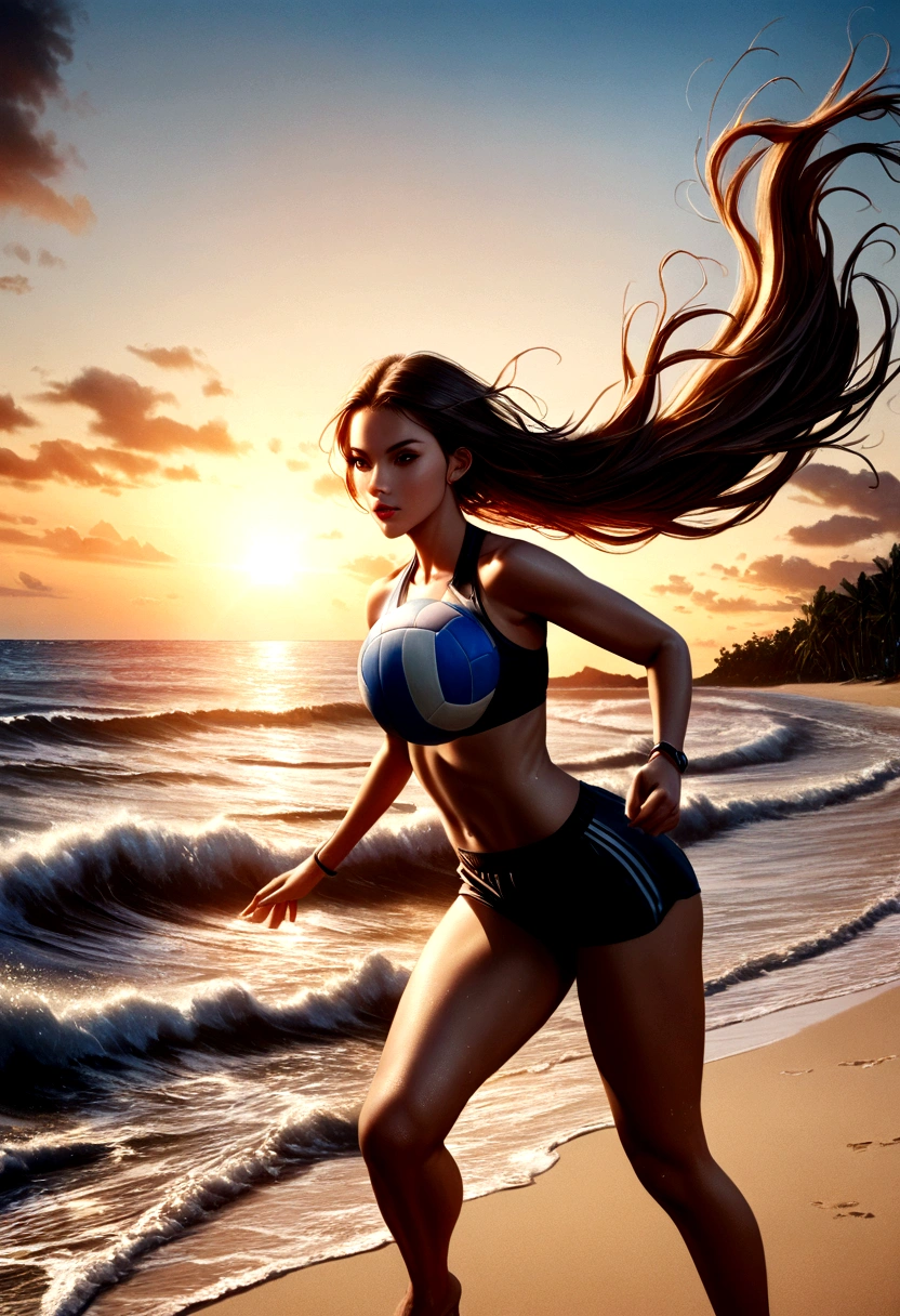 a beautiful girl playing beach volleyball on a tropical sandy beach, sun-kissed skin, athletic body, flowing hair, intense focus, dynamic motion, ocean waves crashing in the background, warm golden sunset lighting, vibrant blues and oranges, photorealistic, 8k, detailed, cinematic