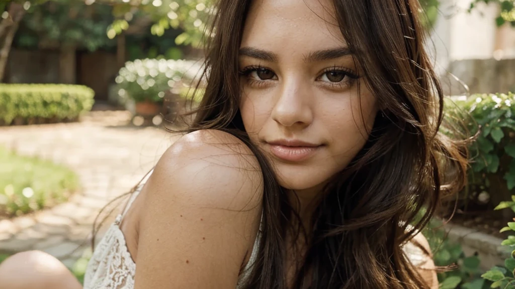 a cute young latin woman, beautiful detailed eyes, beautiful detailed lips, extremely detailed face and skin, long eyelashes, wavy dark hair, soft smile, outdoor garden setting, natural lighting, intricate details, cinematic lighting, warm color palette, highly detailed, 8k, photorealistic, masterpiece