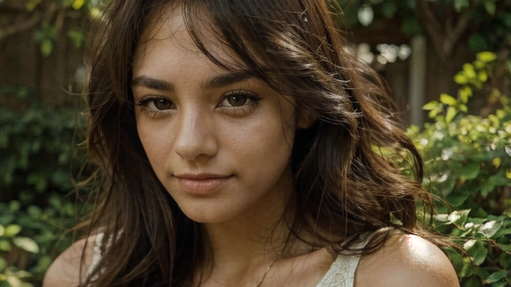 a cute young latin woman, beautiful detailed eyes, beautiful detailed lips, extremely detailed face and skin, long eyelashes, wavy dark hair, soft smile, outdoor garden setting, natural lighting, intricate details, cinematic lighting, warm color palette, highly detailed, 8k, photorealistic, masterpiece