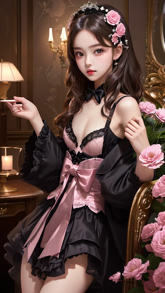 (((flat chest))),((1 girl)),((solo)),((highest quality)), (masterpiece),((High resolution)),beautiful 14 years old girl,model,Japanese, Single-lens reflex camera, Pink Lolita fashion,luxurious study,flower luxury decoration,pink underwear,movie lighting