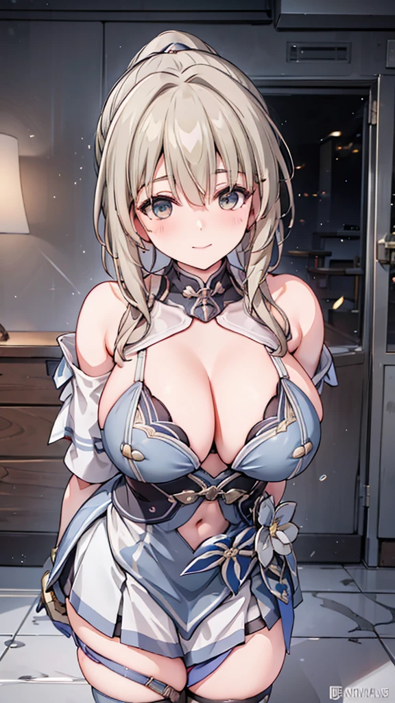 Gray translucent armor，Arm mecha，blonde short hair，Long ponytail hairstyle，Large Breasts，Cleavage，Pistol hanging from waist，fighter pilot，fighter hangar，Sexy，Lipstick，miss，Golden Eyes，stockings，Short skirt，Smile，red glasses