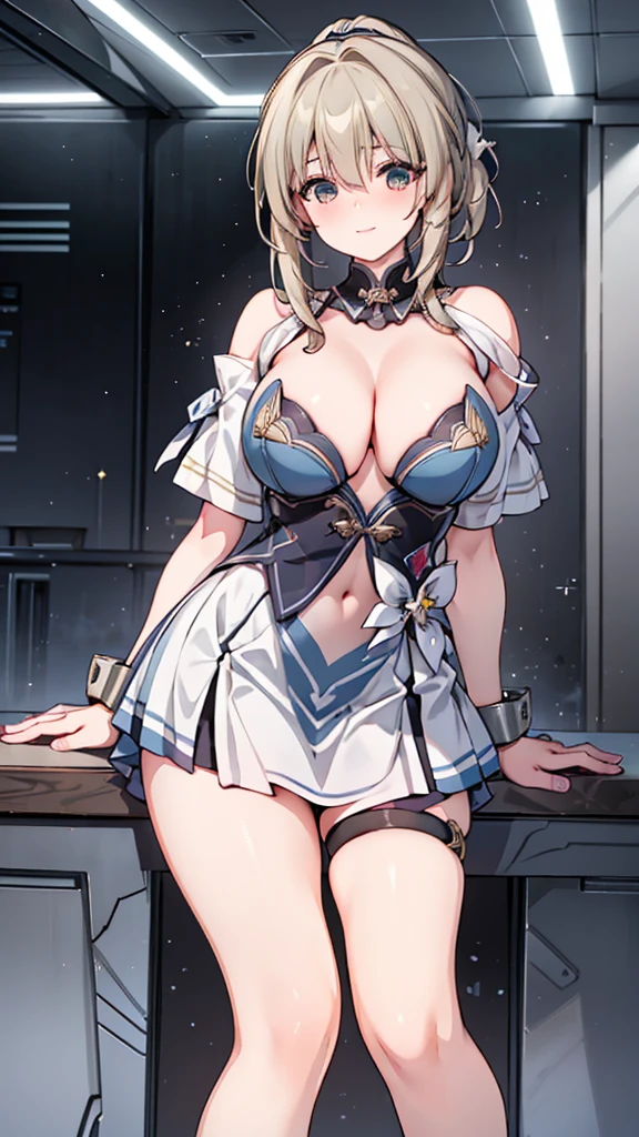 Gray translucent armor，Arm mecha，blonde short hair，Long ponytail hairstyle，Large Breasts，Cleavage，Pistol hanging from waist，fighter pilot，fighter hangar，Sexy，Lipstick，miss，Golden Eyes，stockings，Short skirt，Smile，red glasses