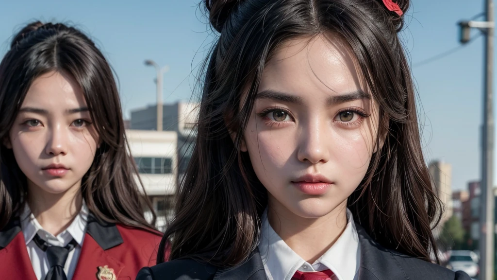brown-black hair, eyes black, skin fair, goose egg face, atmospheric facial features, Cao Cao, confident and powerful, toned and plump, high school girls, schoolar uniform, curly hair, hair bun, with hair clip, red rose, blue butterfly, white rabbit, billboard, official quality, uncanny, Light and Shade, correct proportions, Aesthetics, atmosphere,