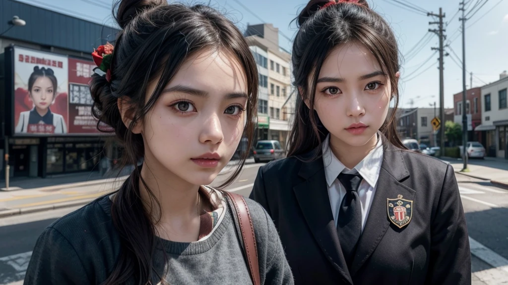 brown-black hair, eyes black, skin fair, goose egg face, atmospheric facial features, Cao Cao, confident and powerful, toned and plump, high school girls, schoolar uniform, curly hair, hair bun, with hair clip, red rose, blue butterfly, white rabbit, billboard, official quality, uncanny, Light and Shade, correct proportions, Aesthetics, atmosphere,