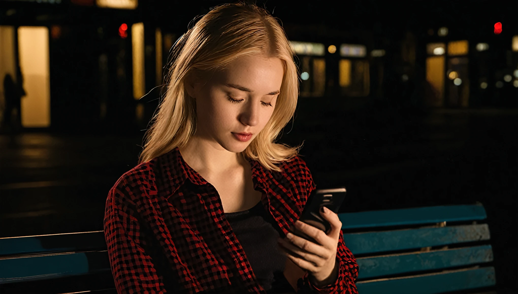 a young woman engaged with her smartphone, with her attention fully absorbed by the screen as it illuminates her face in a warm glow. She wears a red and black checkered shirt over a red top, suggesting a casual and perhaps contemporary style. Her blonde hair falls loosely around her shoulders, and her face shows a focused or contemplative expression, typical of someone engrossed in reading or interacting with digital content. The environment suggests evening or nighttime given the ambient darkness around her, and the lighting emphasizes the phone on her hands as the main source of light, casting soft shadows and giving the scene an intimate feeling. There is a subtle contrast between the technology in her hands and the potential for a less digitally connected setting implied by the darkness surrounding her. The woman's ethnicity appears to be Caucasian, and while the background is not the focus, it is sufficiently lit to suggest she may be seated in a public transport or an indoor setting with bench-like seating.


