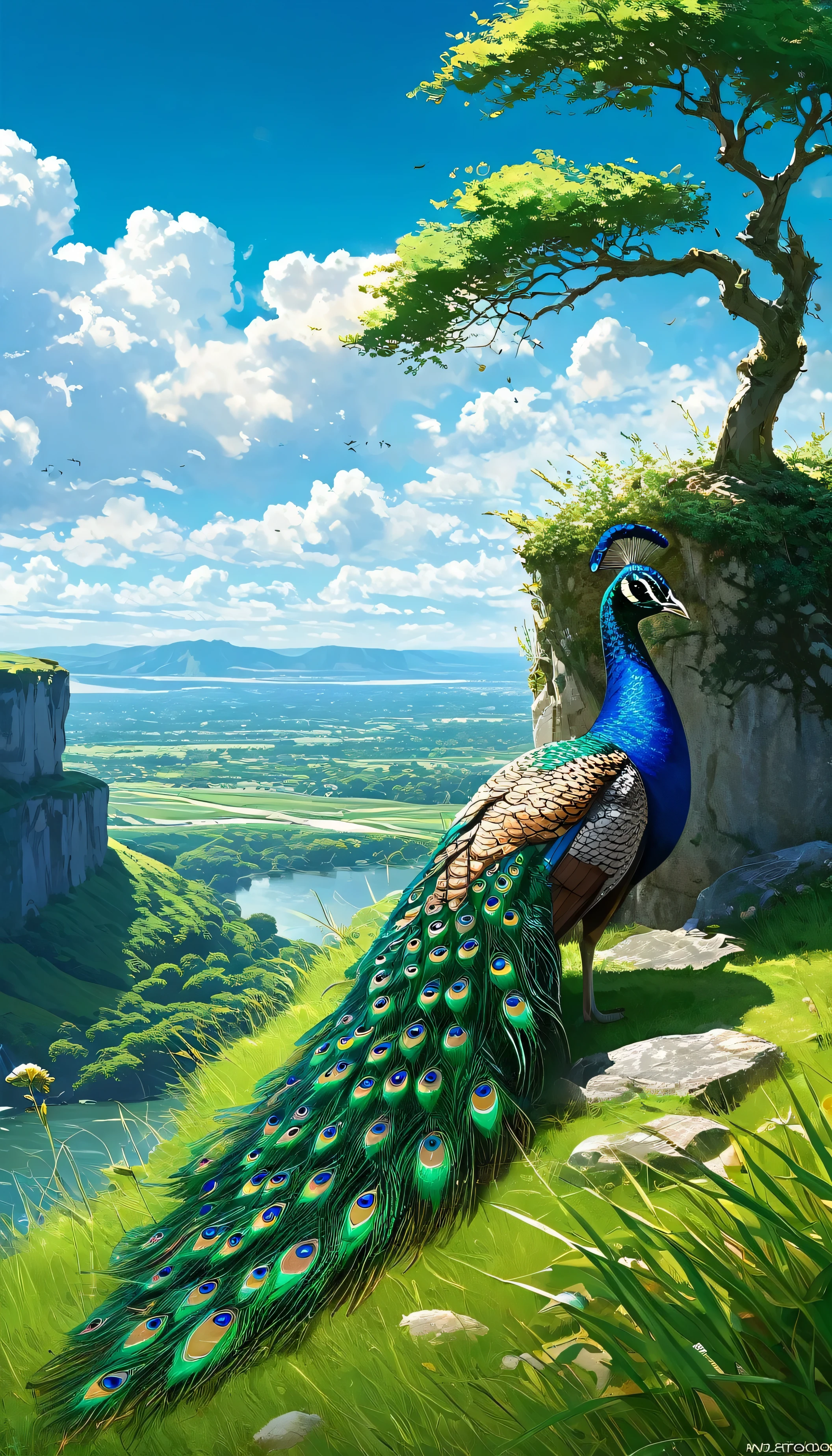 a peacock sitting under a tree near a cliff in a meadow , seeing a vast blue sky with fluffy clouds and brush strokes , tall grasses stones, , makoto shinkai cyril rolando, anime art wallpaper 4k, anime art wallpaper 4k, animated background, anime art wallpaper 8K, animated background art, Anime Landscape Wallpaper, amazing wallpaper, HD wallpaper, 4k anime wallpaper, 4k anime wallpaper, Aries Moross art,art by Bob Byerley , AshleyWoodArtAI, greg rutkowski(far angle view)(brokeh effects)