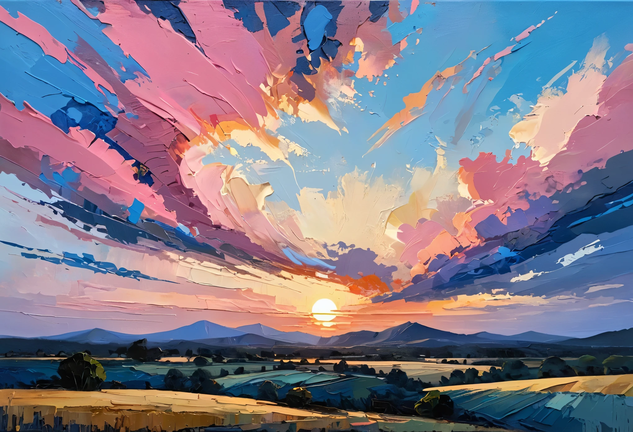 a thick textured oil painting, impasto brushstrokes, dry brushing,revealing underlayers, breathtaking composition, beautiful sunset glow, warm beautiful scene, moody lighting, dramatic shadows, muted earthy colors, vibrant colors, highly detailed, masterpiece, using a palette of light pink, muted blue, dark grayish blue, bright blue, blue shade of emotion, Ensure that the design elements are balanced and harmonious. Greg Gossel: Combines collage and mixed media with street art influences to create vibrant and dynamic pieces.