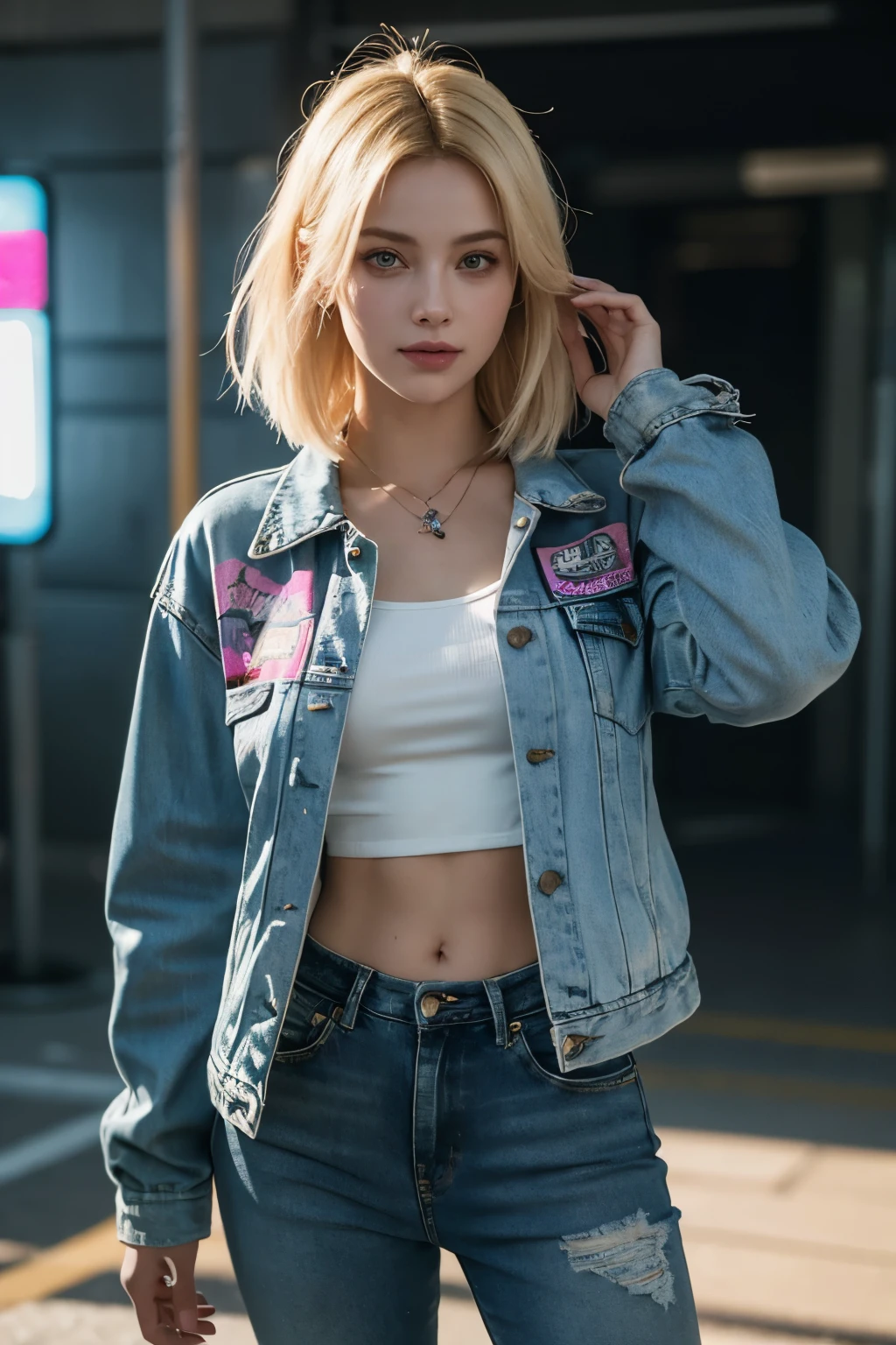 hyperdetailed blond woman in a denim pink jacket and blue jeans posing for a picture, chloe price from life is strange, smile attractive, wearing cyberpunk 2 0 7 7 jacket, chloe price, margot robbie in gta v, style of alena aenami, betty cooper, realistic clothing, gwen stacy, cyberpunk 2 0 y. o model girl, style of cyberpunk 2 0 7 7, a girl with blonde hair, masterpiece, UHD, 16K