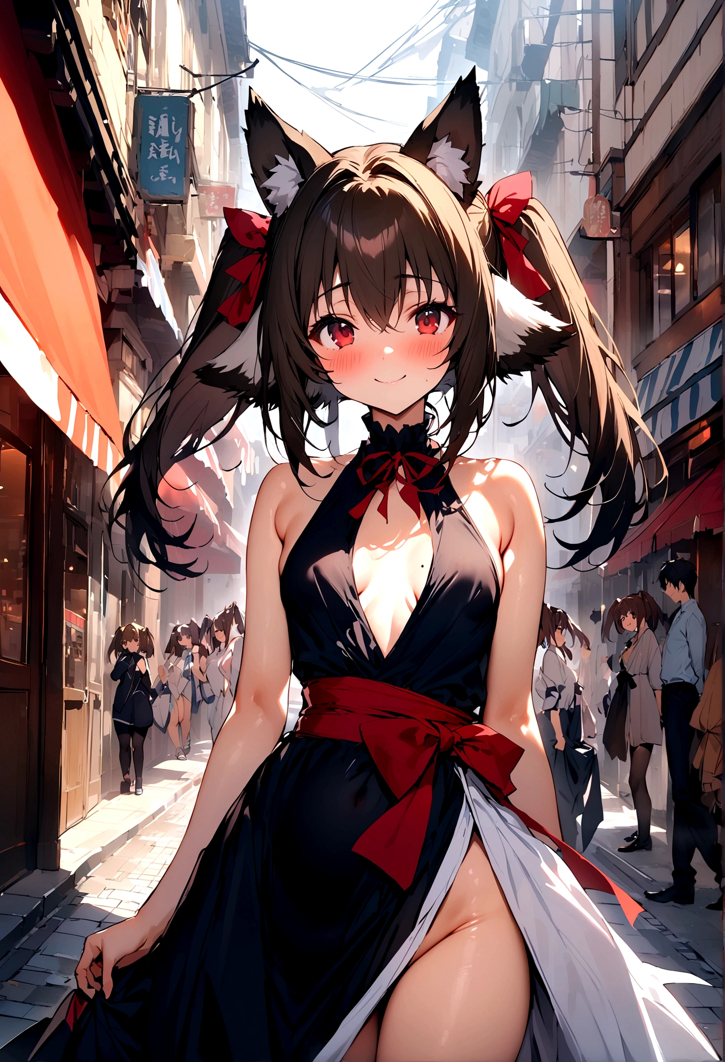 NSFW,masterpiece,Highest quality,High resolution,Super detailed,Nekone \(Utawarerumono\),Brown Hair、(Red Eye:1.3)、ribbon,Twin tails、ヘアribbon、Mole、目の下のMole,Small breasts,Fantasy World,Shopping Street,Japanese style,uniform,mini skirt,leotard,Half-naked,Open clothes,Embarrassed,blush,(Seduce)