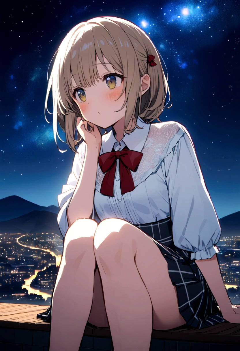 title: 「Starry Night」
explanation: This 8K raw photo、Top quality and highly detailed backgrounds、It depicts a Lolita girl looking up at the night sky.。She is 15 years old、height: 150cm、She is fair-skinned and、She has a light brown ponytail and wears a Japanese uniform.。.。Her face is young々It'It's very moisturizing、She has a beautiful face and perfect proportions.、Sexy long slender legs。She is wearing a red bow tie and a stylish white lace blouse.、Checked skirt、I'Wearing black loafers。
The landscape spreads in the background、Beautiful stars in the night sky々And the nebula is shining。The sun goes down、At the foot of the mountains the sea spreads、Regional cities without skyscrapers are expanding.。She sits on the roof and looks at the stars、It depicts a girl lost in thought while looking at the starry sky.。The light on the ground and the glow of the night sky create a beautiful contrast..、Atmospheric lighting creates a unique charm。
This anime scene、A beautiful depiction of the girl's night view.、Evoke emotion and empathy in your audience。