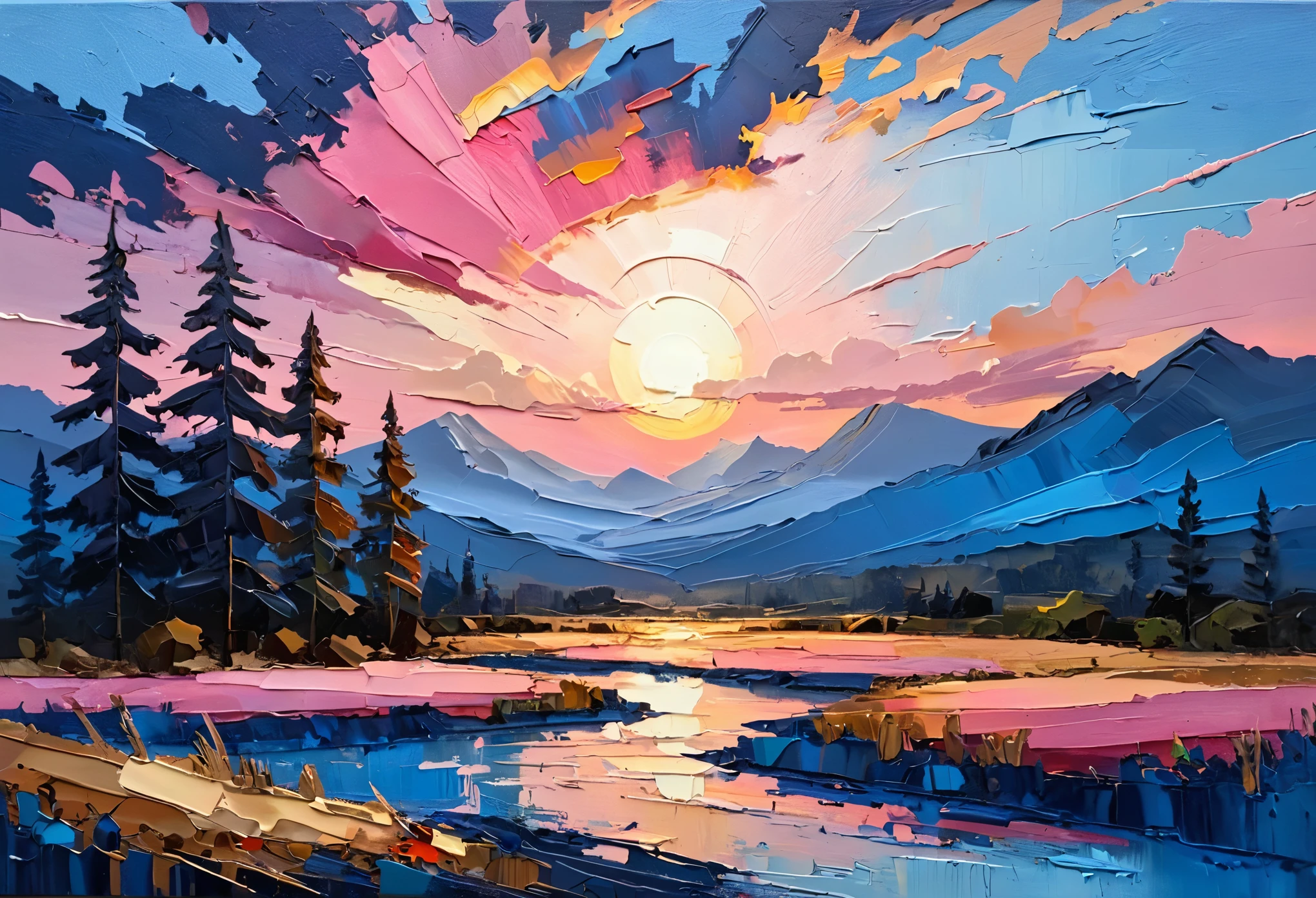 a thick textured oil painting, impasto brushstrokes, dry brushing,revealing underlayers, breathtaking composition, beautiful sunset glow, warm beautiful scene, moody lighting, dramatic shadows, muted earthy colors, vibrant colors, highly detailed, masterpiece, using a palette of light pink, muted blue, dark grayish blue, bright blue, blue shade of emotion, Ensure that the design elements are balanced and harmonious. Greg Gossel: Combines collage and mixed media with street art influences to create vibrant and dynamic pieces.