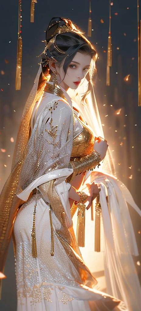 Beautiful details for girl,Very detailed eyes and face,Beautiful eye details,Ultra Detailed,high resolution,Very detailed,Best quality,illustration,Exquisite details,best quality,Very detailed CG,8k wallpaper,A girl,Trees,Black long hair,Ponytail,Gold Jewellery,bracelet,(White Veil),Scenery of the Western Regions,with machete,(((White clothes))),Peach Blossom,lantern,complex texture,ribbon,Scapula,armor,,Skirt Armor,Exquisite background,