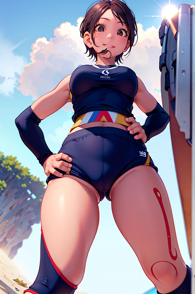 masterpiece, best quality,1girl,young girl, (beach volleyball player), wearing (uniform with company logo) ,cropped top , brown eyes, short hair, happy smile, shiny skin,(nice leg line:1.3),thin waist, huge breasts,(hands on hips:1.5)
BREAK
, beach background, sun light makes depth of fields with backlight effect, wind effect,
BREAK
around crowd:1.1,depth of field, looking down viewer, (viewed from below:1.5), full body:1.2