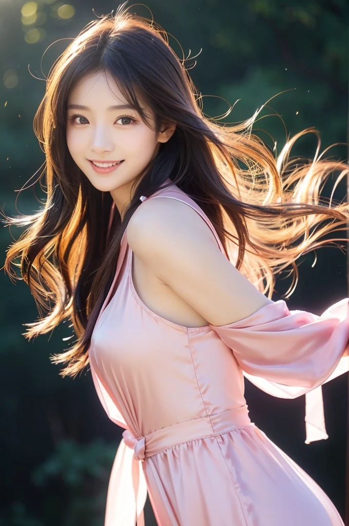 Image resolution 8K、masterpiece:1.3)、Beauty、1 female、(魅力的なBody Type:1.2)、abdomen:1.1、Dark brown hairstyle:1.1、(Body Type:1.2)、Ultra-detailed face、Attractive lips、double eyelid,Wearing a pink silk one-piece dress、Super realistic and super cute in every detail、Japanese、Japanese女性、20th generation(28 years old)、Smile with a beautiful smile、Hair blowing in the wind、color々Hair style、Light shining from behind、Black background、
