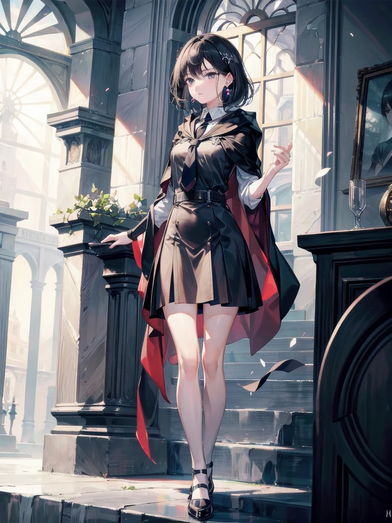 absurdres, RAW photo, extremely delicate and beautiful, masterpiece, Best Quality, ultra high resolution, 32k, hyperrealistic, ultra-detailed, delicate facial features, beautiful detailed woman, tearful mole, earring, medium breasts, full body shot, medium hair, black hair, hogwarts teacher, necktie, cloak,