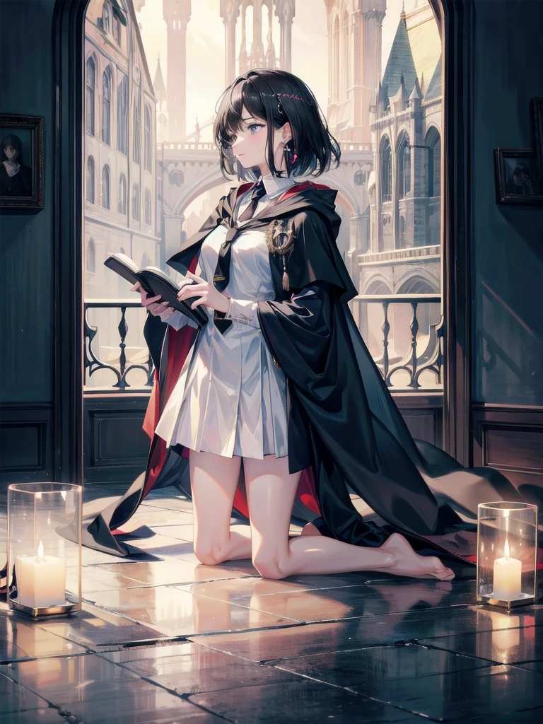 absurdres, RAW photo, extremely delicate and beautiful, masterpiece, Best Quality, ultra high resolution, 32k, hyperrealistic, ultra-detailed, delicate facial features, beautiful detailed woman, tearful mole, earring, medium breasts, full body shot, medium hair, black hair, hogwarts teacher, necktie, cloak, 