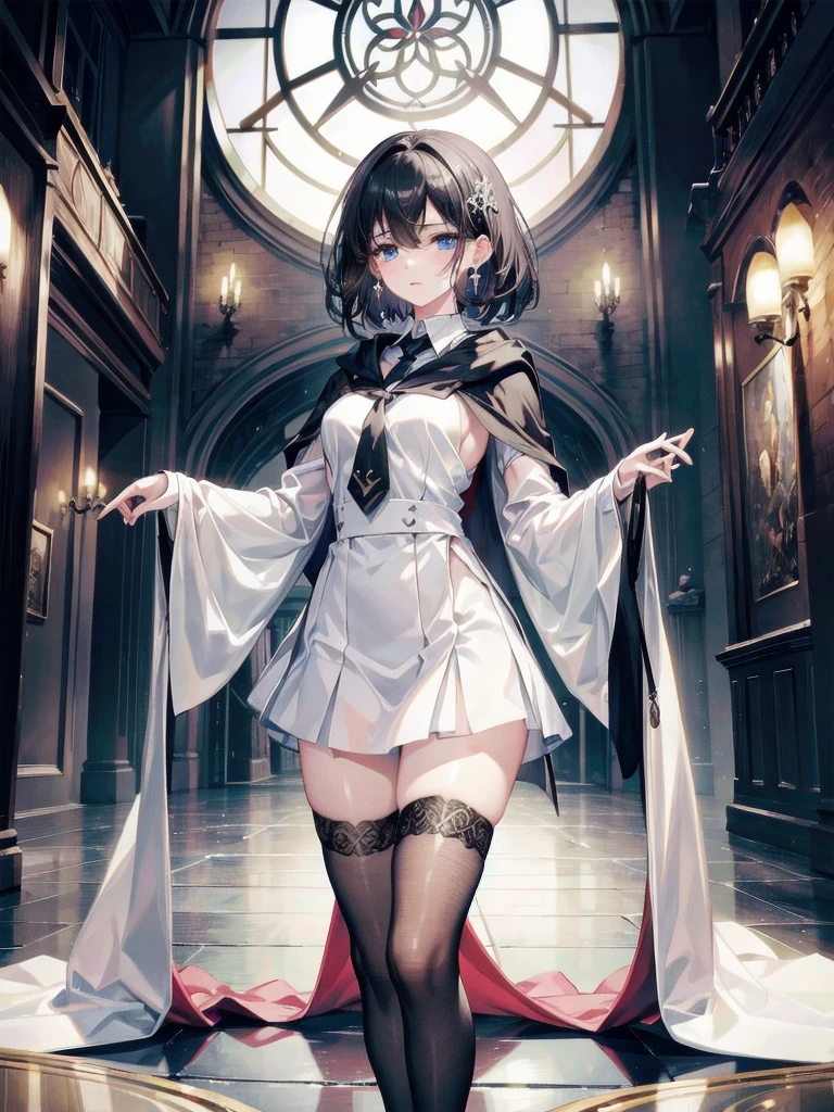 absurdres, RAW photo, extremely delicate and beautiful, masterpiece, Best Quality, ultra high resolution, 32k, hyperrealistic, ultra-detailed, delicate facial features, beautiful detailed woman, tearful mole, earring, medium breasts, full body shot, medium hair, black hair, hogwarts teacher, necktie, cloak, 